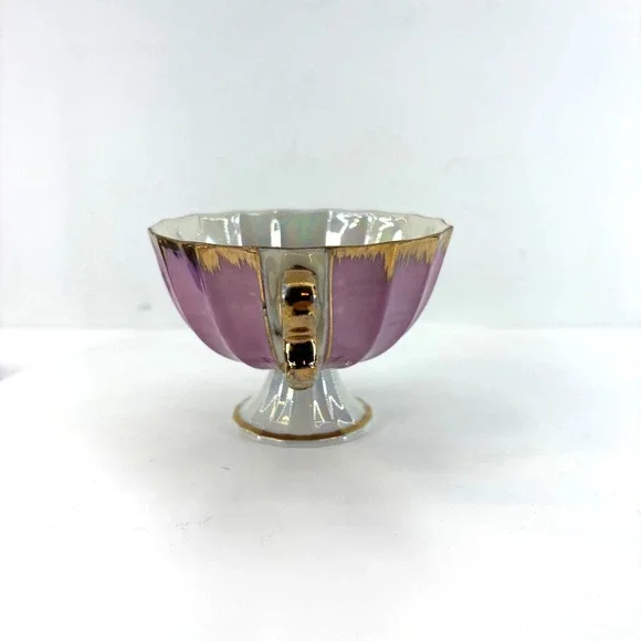 Vtg Enesco Iridescent Purple White Gold Trim Footed Teacup Saucer Set - Picture 3 of 9